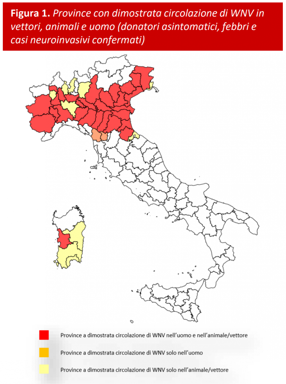 La diffusione del virus nel Nilo occidentale (WNV) nelle province italiane. Immagine Istituto superiore di sanità