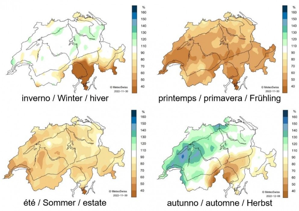 © Meteosvizzera / Distribuzione spaziale della somma delle precipitazioni stagionali, rappresentate come anomalia percentuale rispetto alla norma 1991-2020.