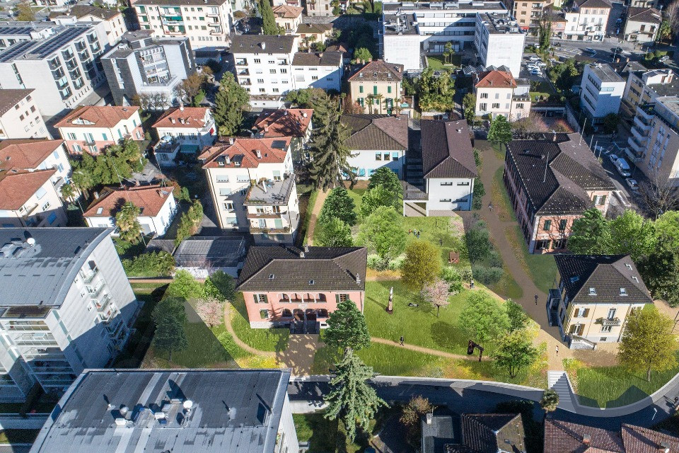 Il nuovo parco civico in centro a Massagno, vista a volo d’uccello/ render LAND Suisse