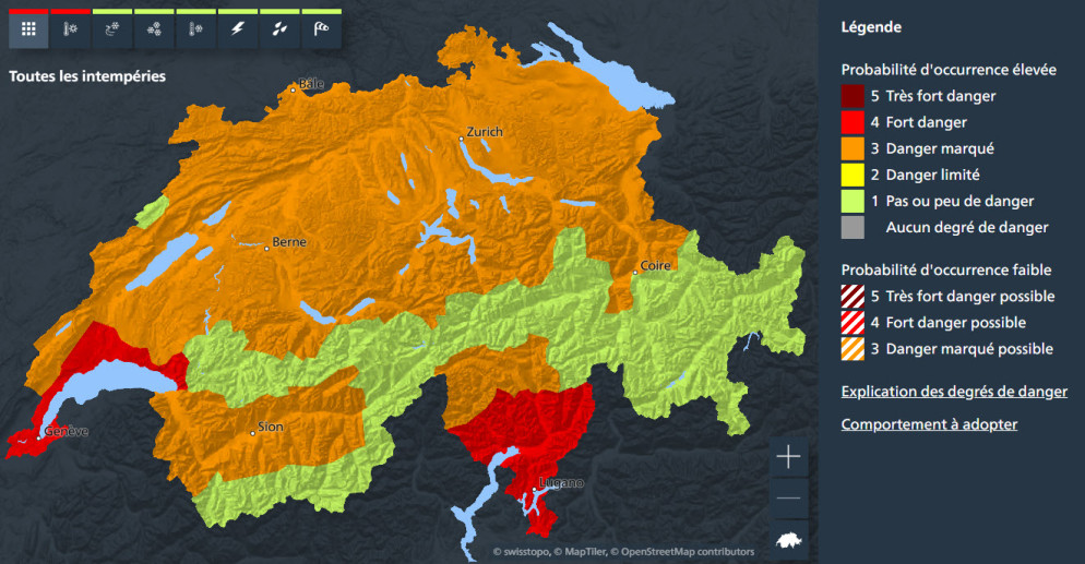 Mappa di allerta di MeteoSvizzera per domenica 20 agosto 2023. © MeteoSvizzera