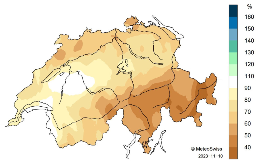 MeteoSvizzera - Distribuzione spaziale dei totali delle precipitazioni dell'inverno 2022/23 (da dicembre a febbraio), espressa in percentuale della norma 1991-2020.