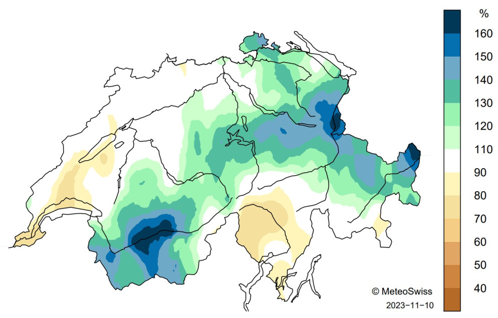 MeteoSvizzera - Distribuzione spaziale dei totali delle precipitazioni della primavera 2023 (da marzo a maggio), mostrata come percentuale della norma 1991-2020.