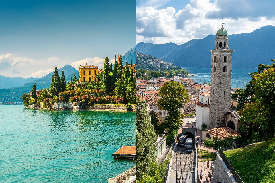 Nel collage fotografico: a sinistra Como e a destra Lugano.