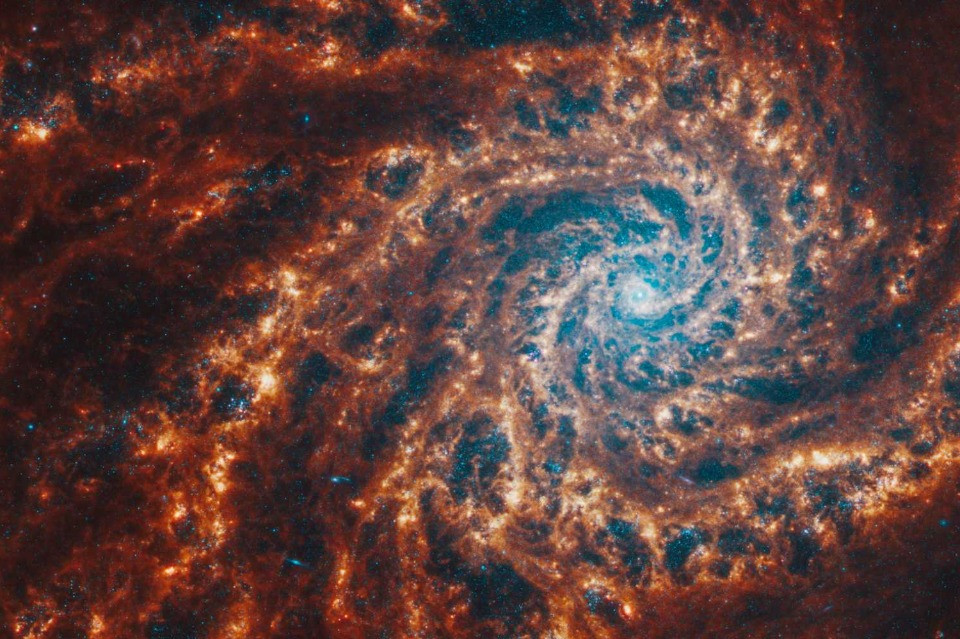 Un'immagine di una galassia a spirale, ripresa dal telescopio James Webb. © NASA, ESA, CSA, STScI, Janice Lee (STScI), Thomas Williams (Oxford) e il team PHANGS