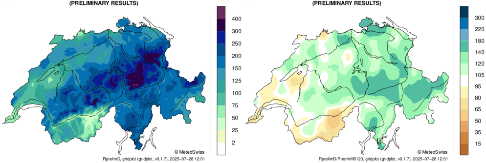 Precipitazioni mensili totali in mm (a sinistra) e rapporto rispetto al periodo di riferimento 1991-2020 in % (a destra) per luglio 20205. Se le precipitazioni mensili sono superiori al valore di riferimento, le aree di riferimento sono bluastre, mentre le aree con precipitazioni inferiori alla media sono rappresentate in marrone (grafico a destra).