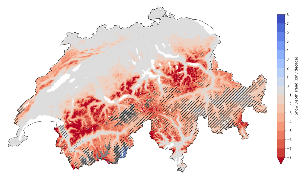 Variazione assoluta dell'altezza media della neve da novembre ad aprile tra il 1962 e il 2023 in centimetri per decennio: nelle zone di alta montagna il calo è nettamente superiore rispetto all'Altopiano, già caratterizzato da scarse precipitazioni nevose. I terreni sopra i 3000 m s.l.m. sono contrassegnati in grigio scuro. Nelle aree striate la variazione non è statisticamente significativa. (Grafico: Christoph Marty / SLF).