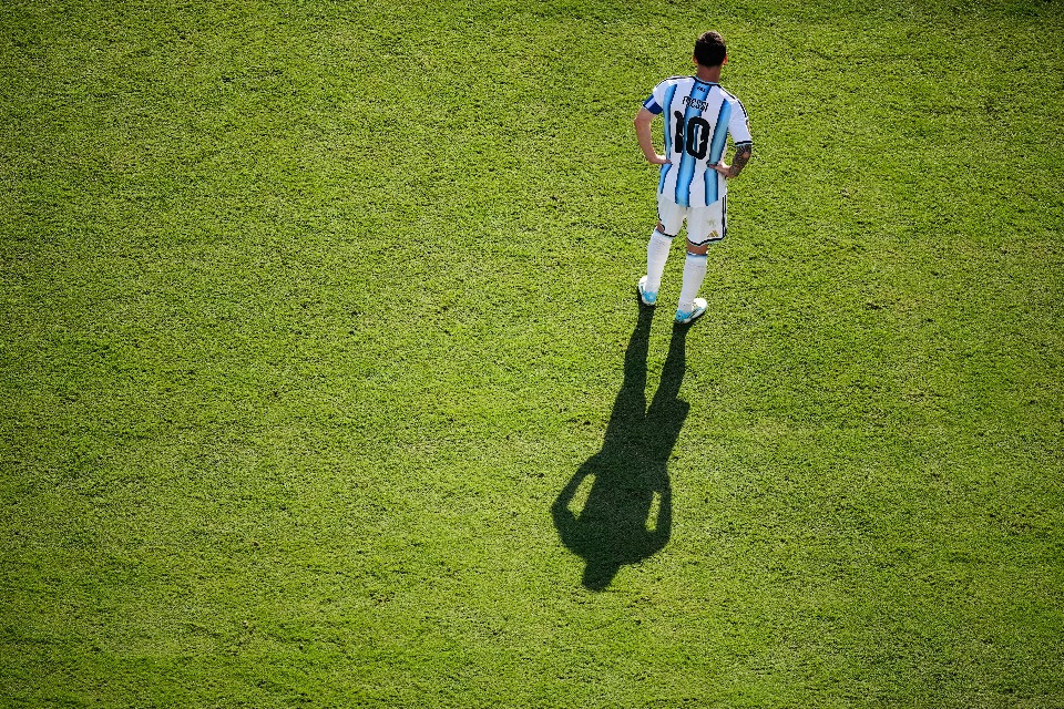 Argentina's Lionel Messi (10) casts a shadow during the World Cup final soccer match between Spain and Argentina in East Rutherford, N.J., near New York, Sunday, July 19, 2026. (AP Photo/Matt Slocum)