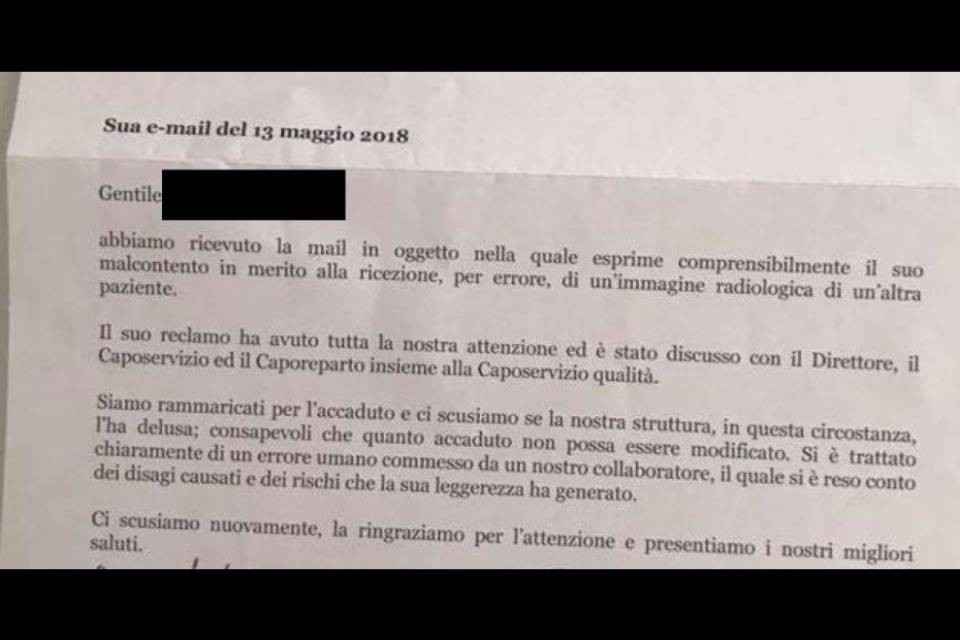 "Mi hanno mandato la risonanza di un'altra paziente..."