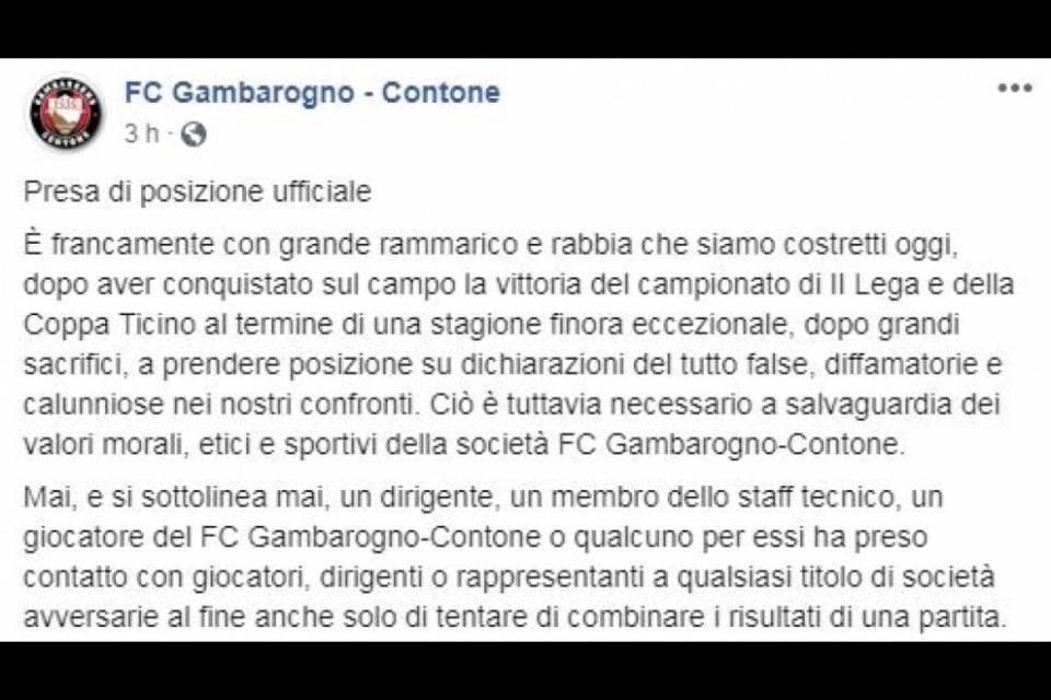 Il FC Gambarogno non ci sta: "Noi non c'entriamo nulla!"