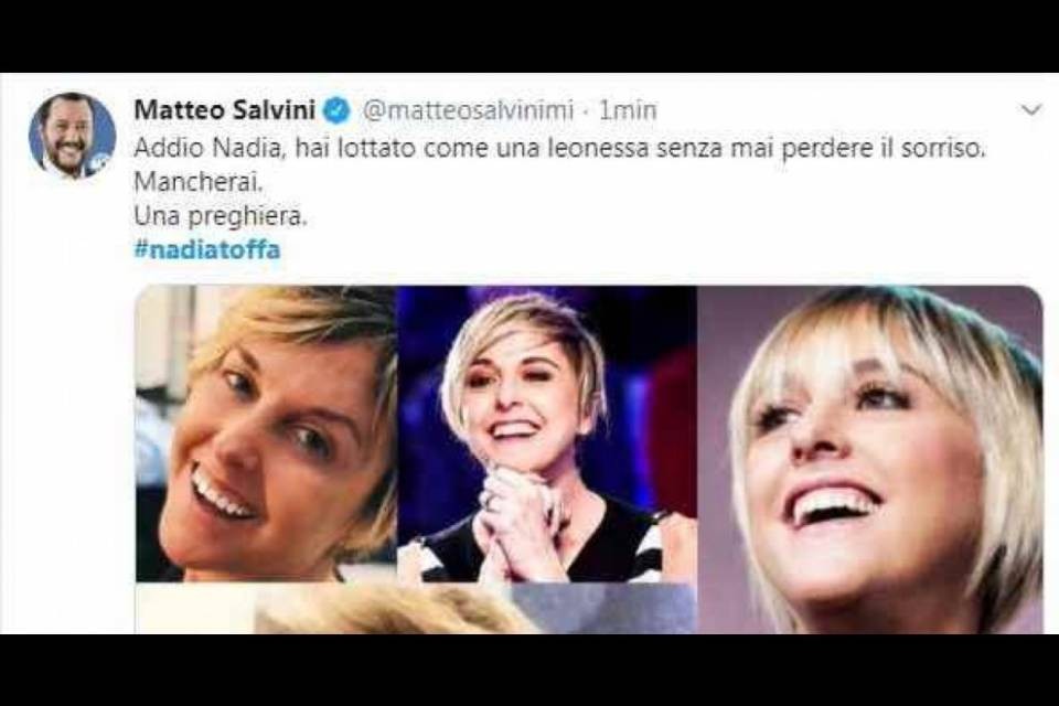 Nadia Toffa: da Salvini alla Pausini, il cordoglio social