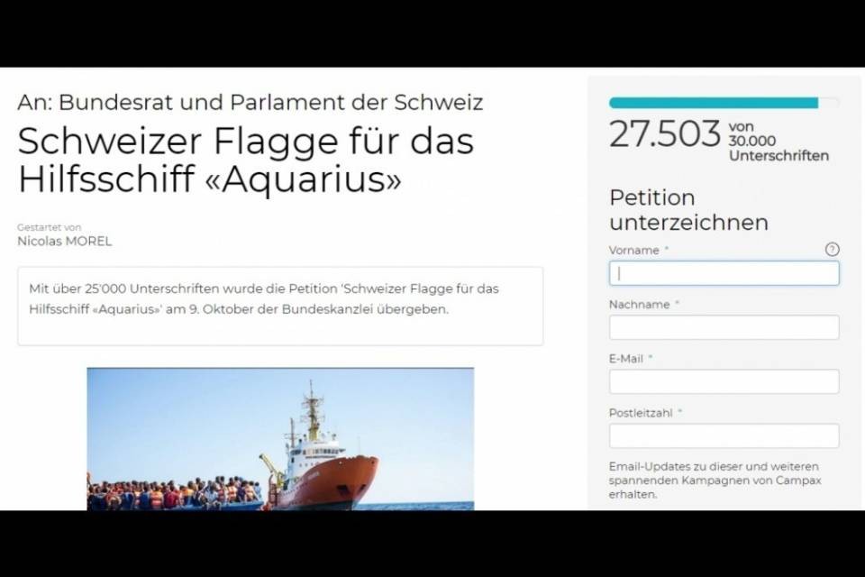 27mila firme per dare all'Aquarius la bandiera svizzera