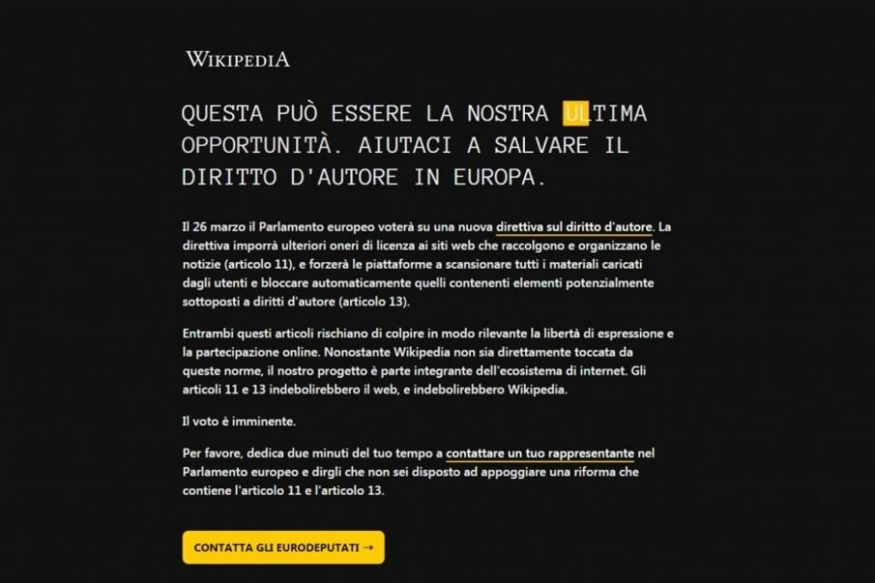 Oscurata la pagina italiana di Wikipedia