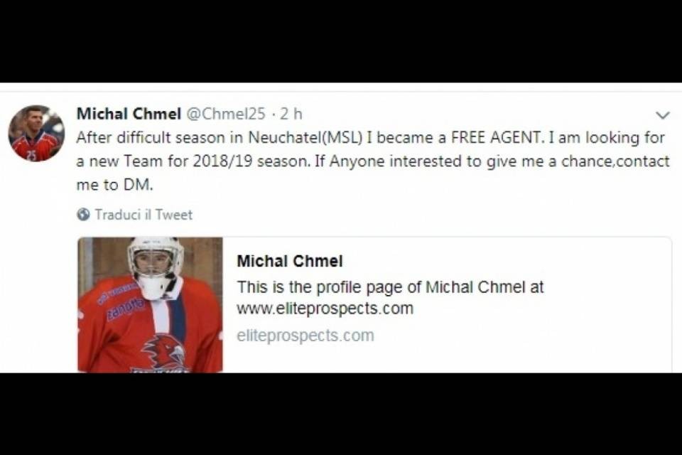 L'ex portiere dell'Ambrì Michal Chmel si vende su Twitter