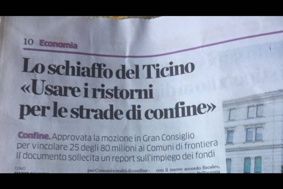 "Lo schiaffo del Ticino. Usare i ristorni per le strade"